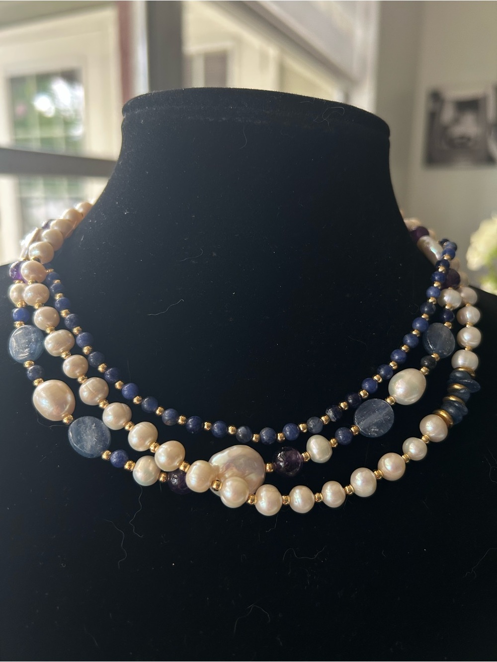 DOGHOUSE 3 strand lapis, sodalite, amethyst, freshwater pearl necklace 9kt clasp